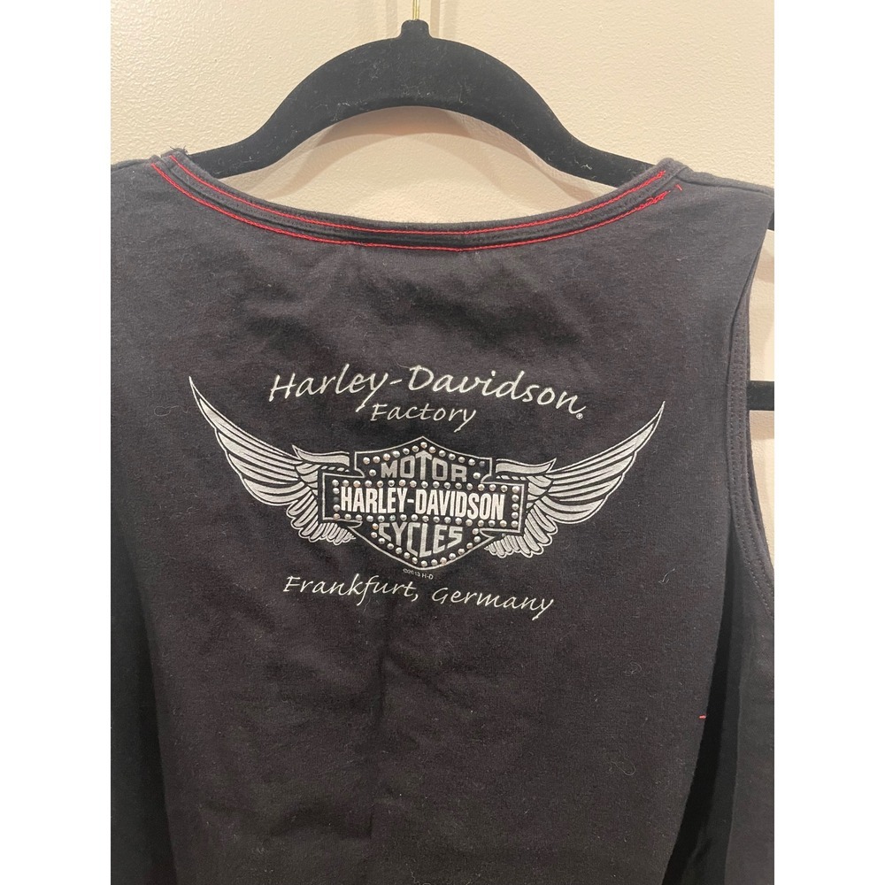 Harley Davidson Frankfurt Germany Tank Top Womens L Black Sequin Eagle - Picture 6 of 8